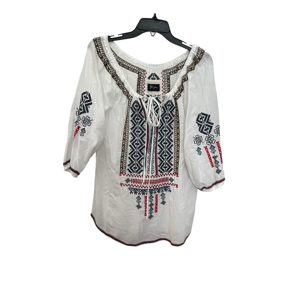 Biya Shirt Womens XS Embroidered Geometric Boho Peasant Prairie Tunic‎ #HH12-1